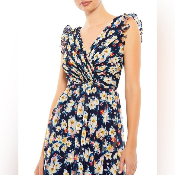 Ieena for Mac Duggal Flowy Floral Print V Neck Cap Sleeve Midi Dress 55665 - Picture 3 of 11